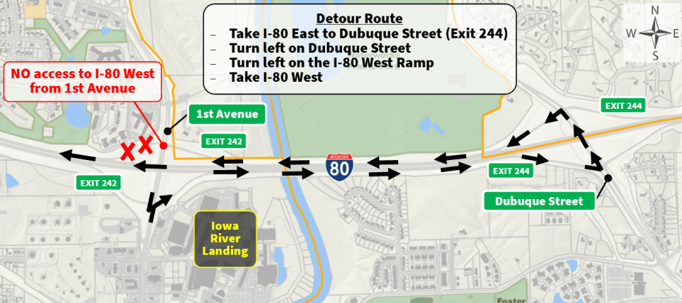 The detour route for drivers looking to enter Interstate 80 heading westbound. This closure begins on Tuesday, April 2, and is estimated to run through mid-June.