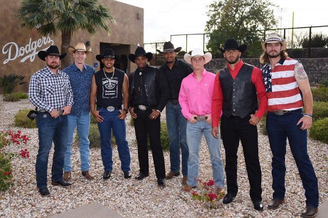 Dodgers rookies dressed up as cowboys for the team’s rodeo fashion show. (Dodgers)