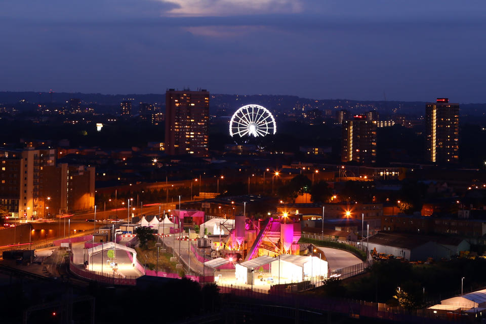 A general view of the Victoria park and the BT observation wheel close to the Olympic park during the closing ceremony of the 2012 London Olympic Games on August 12, 2012 in London, England. Athletes, heads of state and dignitaries from around the world have gathered in the Olympic Stadium for the closing ceremony of the 30th Olympiad. (Photo by Christof Koepsel/Getty Images)