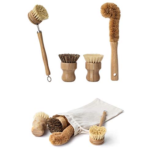 Earth's Own Natural Bamboo Dish Scrub Brush 4 Piece Set - Made From 100% Natural Bamboo -Natural Bristle - Plastic Free Dishes Scrub Brush For Dishes, Pot, Pans.