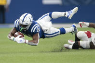 Indianapolis Colts running back Nyheim Hines (21) is tackled by Atlanta Falcons free safety Ricardo Allen (37) during the first half of an NFL football game, Sunday, Sept. 22, 2019, in Indianapolis. (AP Photo/AJ Mast)