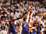 MIAMI, FL - MAY 09: Forwards Tyson Chandler #6 and Amar'e Stoudemire #1 and guard Landry Fields #2 of the New York Knicks defend Forward LeBron James #6 of the Miami Heat in Game Five of the Eastern Conference Quarterfinals in the 2012 NBA Playoffs on May 9, 2012 at the American Airines Arena in Miami, Florida.