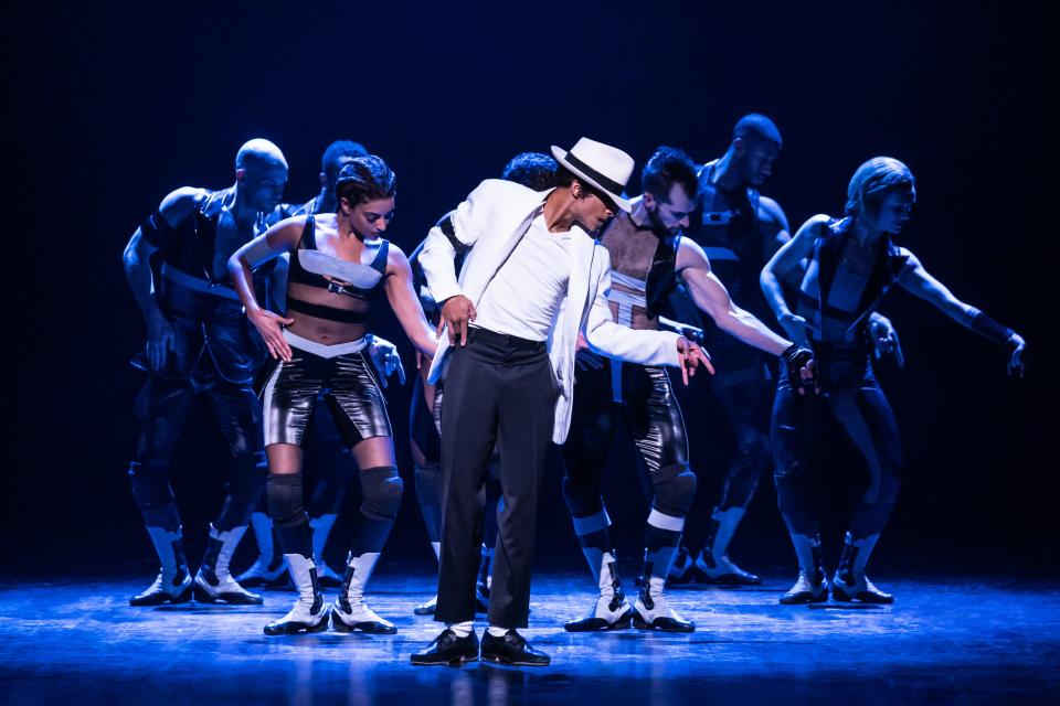 "MJ," whose tour will come to Playhouse Square July 16 to Aug. 11, celebrates the creative mind of the legendary Michael Jackson. Pictured is Myles Frost and the Broadway cast.