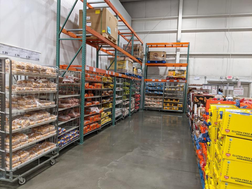 Loaves of bread on shelves in Costco