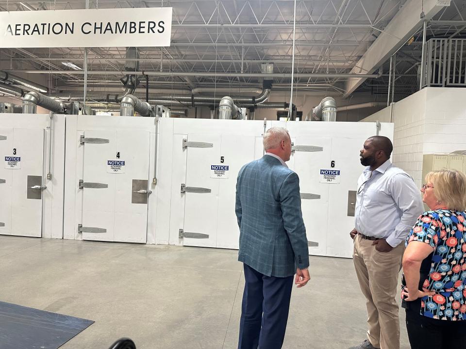 Naples Congressman Byron Donalds (middle) talks with officials at the Fort Myers American Contract Systems/LeeSar plant that recently installed new filters to catch almost all of the carcinogenic ethylene oxide it had been releasing unfiltered for the past 12 years.