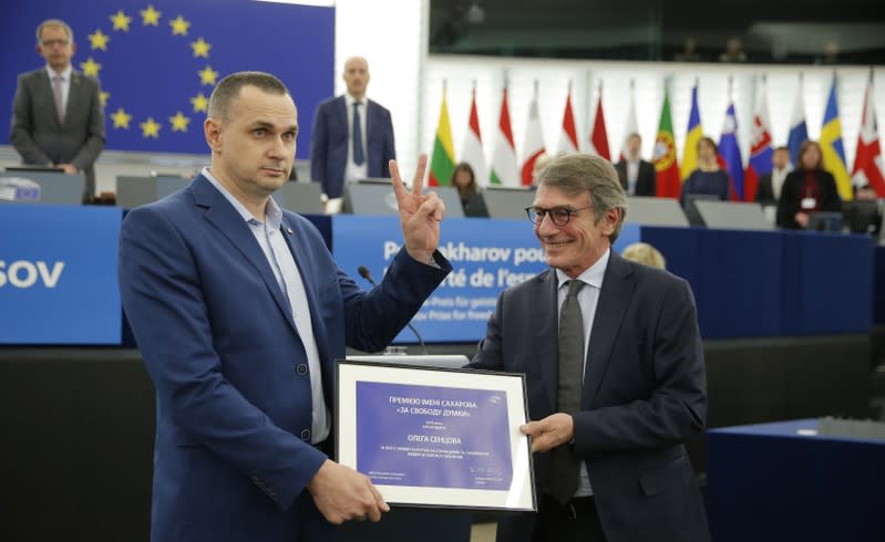 Ukrainian film director Sentsov adresses the European Parliament during an award ceremony for his 2018 Sakharov Prize in Strasbourg