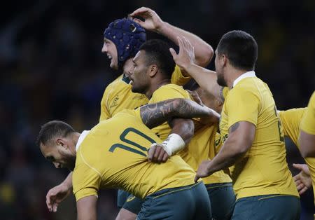 Rugby Union Britain - Argentina v Australia - Rugby Championship - Twickenham Stadium, London, England - 8/10/16 Australia's Samu Kerevi celebrates scoring a try Action Images via Reuters / Henry Browne Livepic EDITORIAL USE ONLY.