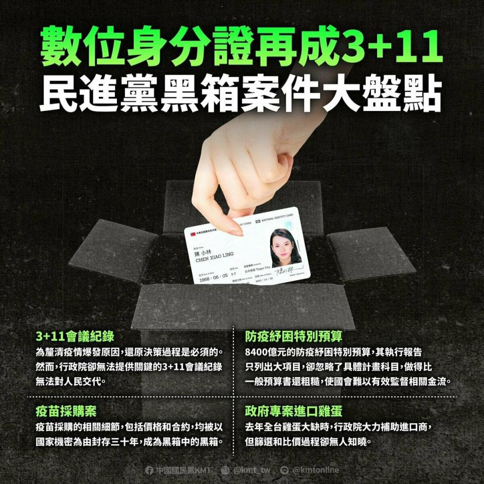 數位身分證調閱小組發現調閱文件大部分都被塗黑，國民黨砲轟民進黨「黑箱操作無上限」。   圖：翻攝國民黨臉書