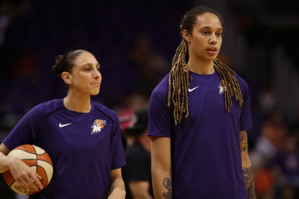 PHOENIX, AZ - JULY 05:  Diana Taurasi #3 and Brittney Griner #42 of the Phoenix Mercury warm up before the WNBA game against the Connecticut Sun at Talking Stick Resort Arena on July 5, 2018 in Phoenix, Arizona. NOTE TO USER: User expressly acknowledges and agrees that, by downloading and or using this photograph, User is consenting to the terms and conditions of the Getty Images License Agreement.  (Photo by Christian Petersen/Getty Images)