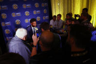 Missouri quarterback Kelly Bryant speaks during the NCAA college football Southeastern Conference Media Days, Monday, July 15, 2019, in Hoover, Ala. (AP Photo/Butch Dill)