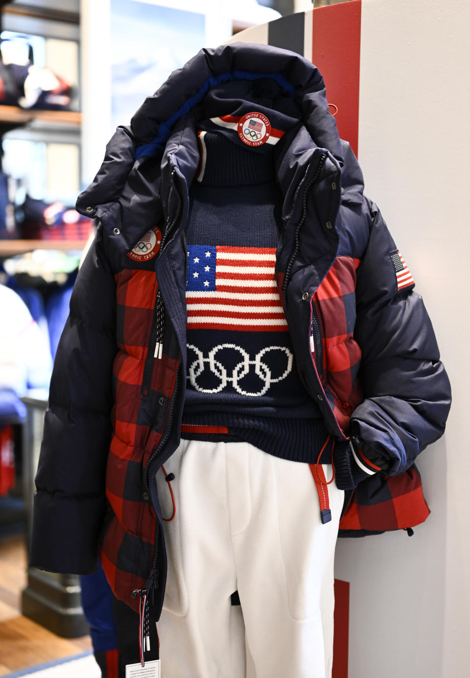 A Team USA Beijing winter Olympics closing ceremony uniform designed by Ralph Lauren is displayed Wednesday, Jan. 19, 2022, in New York. (Photo by Evan Agostini/Invision/AP)