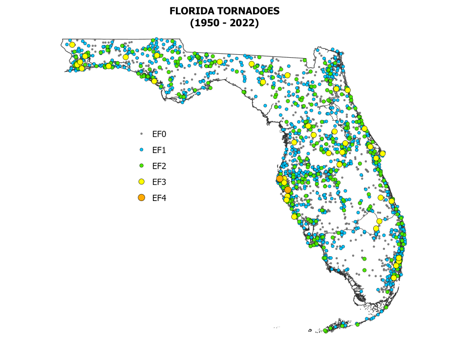 Florida tornadoes from 1950 to 2022.