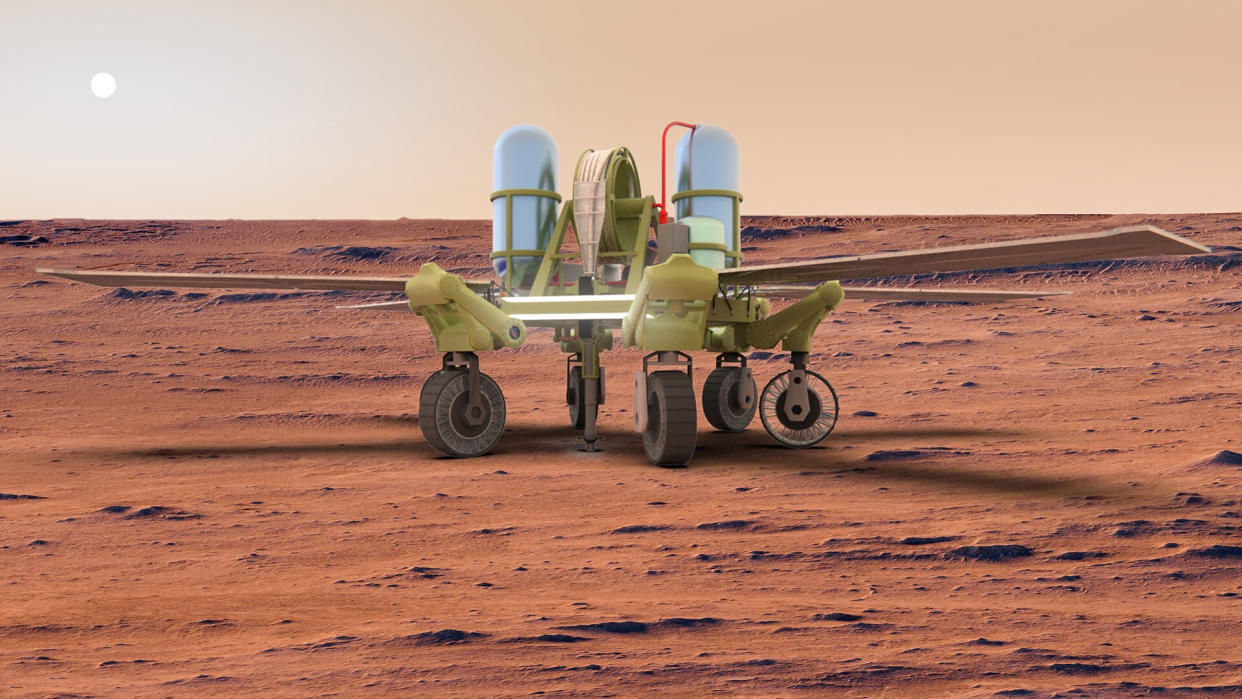  A yellow tinted four-wheeled rover with to blue cylindrical tanks stands on a rusted red surface. 