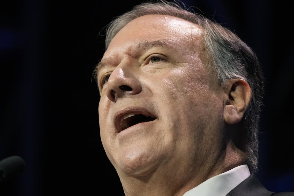 Former Secretary of State Mike Pompeo speaks during the Family Leadership Summit, Friday, July 16, 2021, in Des Moines, Iowa. (AP Photo/Charlie Neibergall)