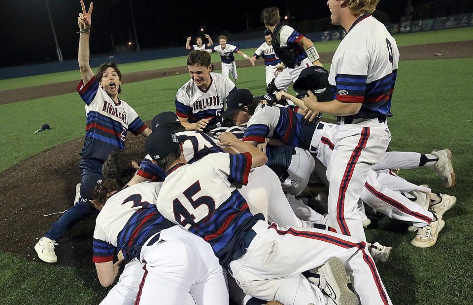 The Governor Livingston baseball team celebrates after beating Westfield to win the Union County Tournament championship on May 13, 2024