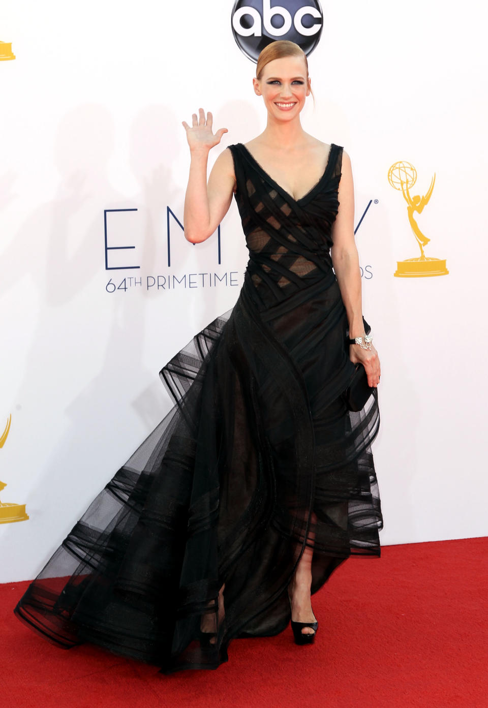 January Jones arrives at the 64th Primetime Emmy Awards at the Nokia Theatre on Sunday, Sept. 23, 2012, in Los Angeles. (Photo by Matt Sayles/Invision/AP)