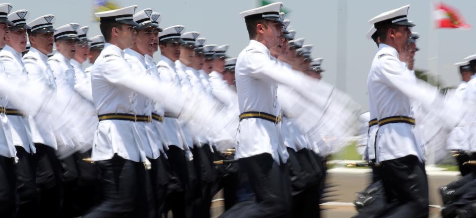 Air Force officers parade during their graduation ceremony at the Brazilian Air Force Academy (AFA) in Pirassununga, Brazil in December 2018.