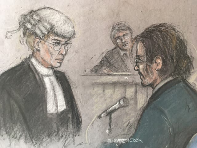 Court artist sketch of Johnny Depp being questioned by Sasha Wass QC at the High Court in London 