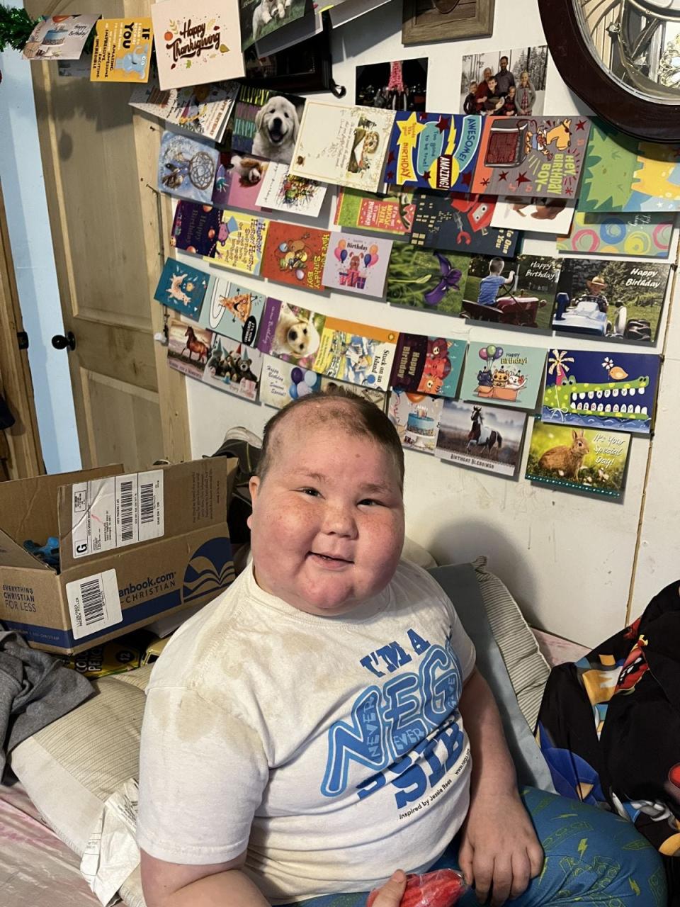 Andrew Miller, 8, of Conesville, who has an inoperable brain tumor, received his wish of 1,000 cards for his birthday on Tuesday.