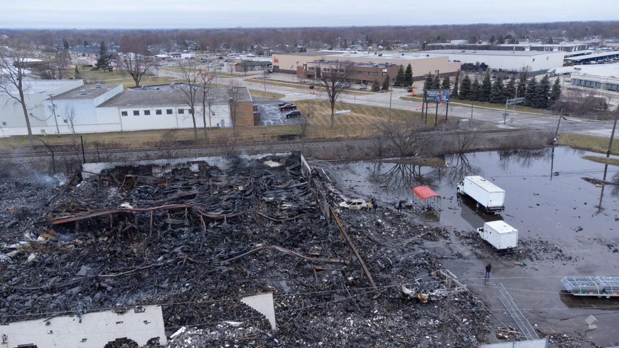 The burned-out remains of Select Distributors, a building that exploded in Clinton Township at 15 Mile Road, can be seen from a drone on Tuesday, Mar. 5, 2024.