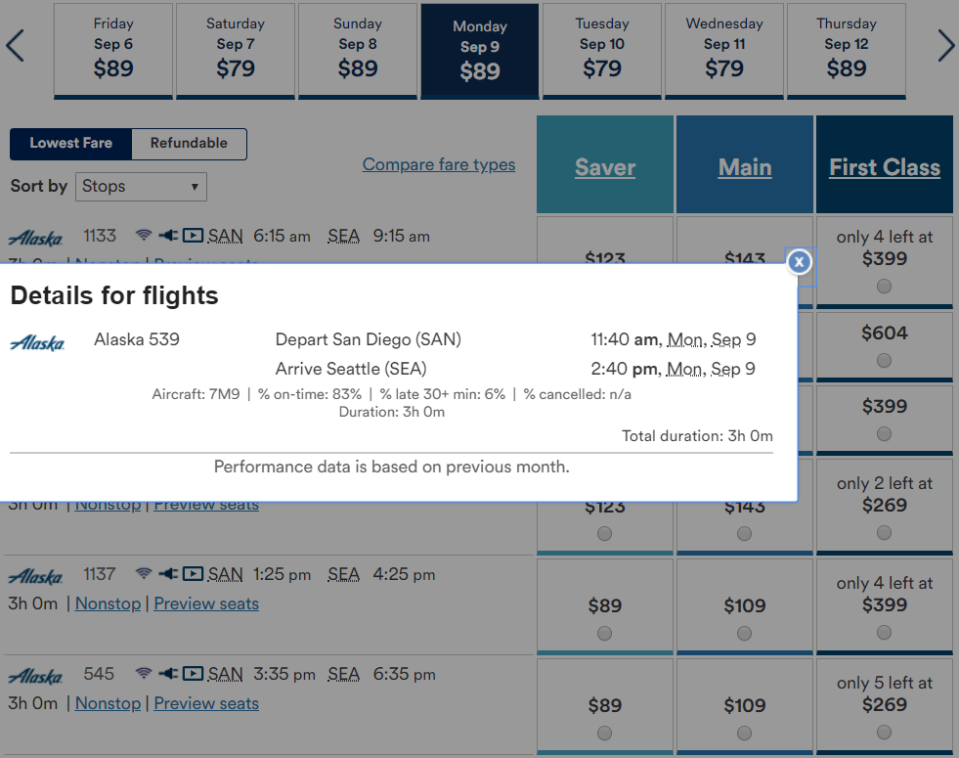 Alaska Airlines lists the aircraft type when you click on "nonstop'' or "one stop.'' The Max is listed as 7M9