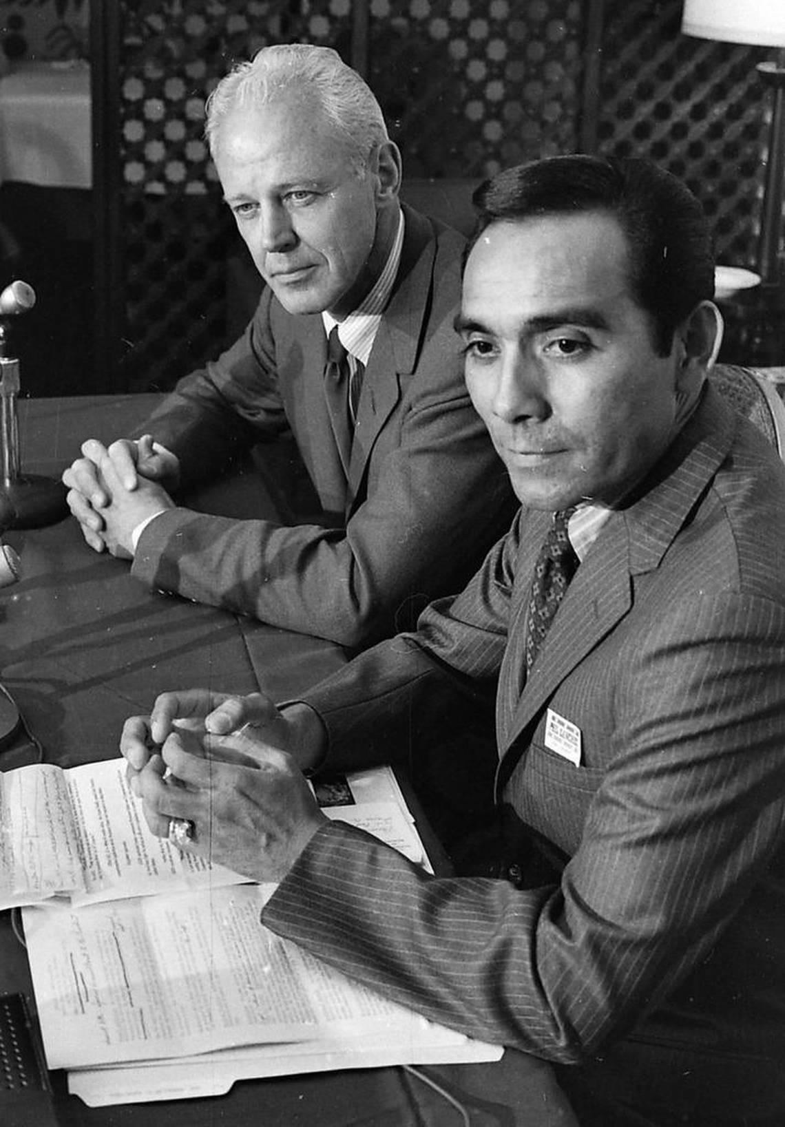 Charles “Bud” Wilkinson, left, with Phillip V. Sanchez when Sanchez was the Republican candidate for Congress. Wilkinson, former University of Oklahoma football coach, said Sanchez would provide “progressive, realistic representation to Congress.”