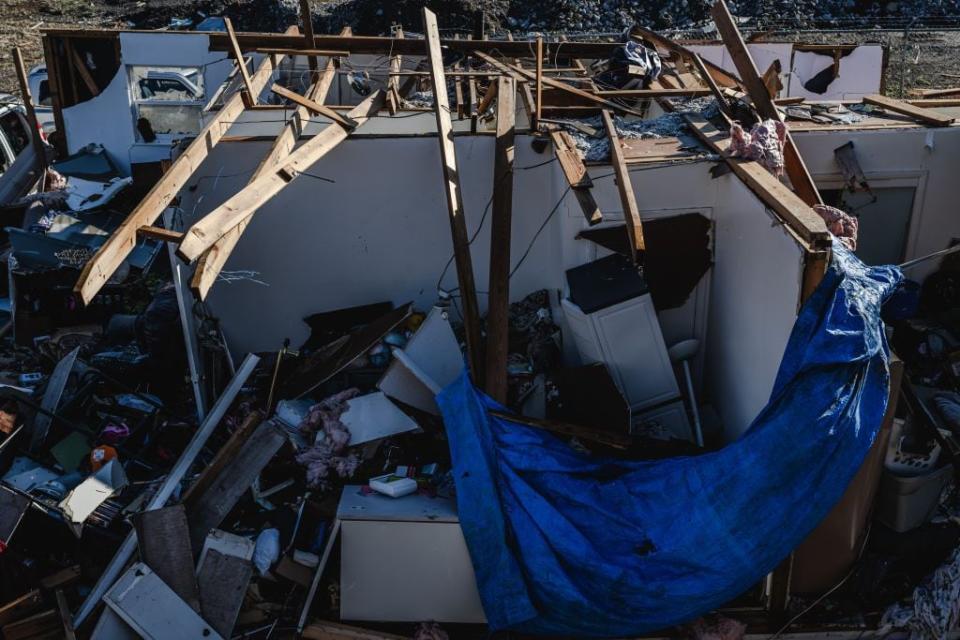 MADISON, TENNESSEE - DECEMBER 10: A destroyed home is seen in the aftermath of a tornado on December 10, 2023 in Madison, Tennessee. Multiple long-track tornadoes were reported in northwest Tennessee on December 9th causing multiple deaths and injuries and widespread damage. (Photo by Jon Cherry/Getty Images)