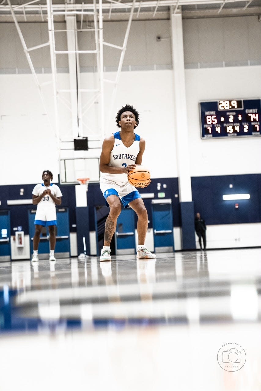 Koron Davis of Los Angeles Southwest prepares to shoot a free throw during a junior-college basketball game. Davis, a 6-foot-7 guard, committed to Louisville on Thursday, Jan. 26, 2023.