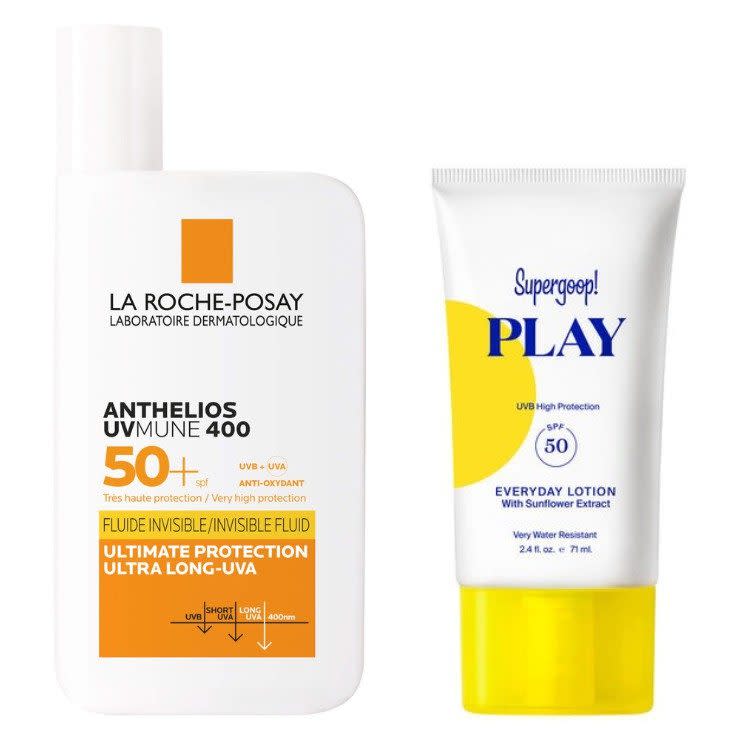 La Roche-Posay Anthelios Invisible Fluid;  SuperGoop Play Daily Lotion SPF50