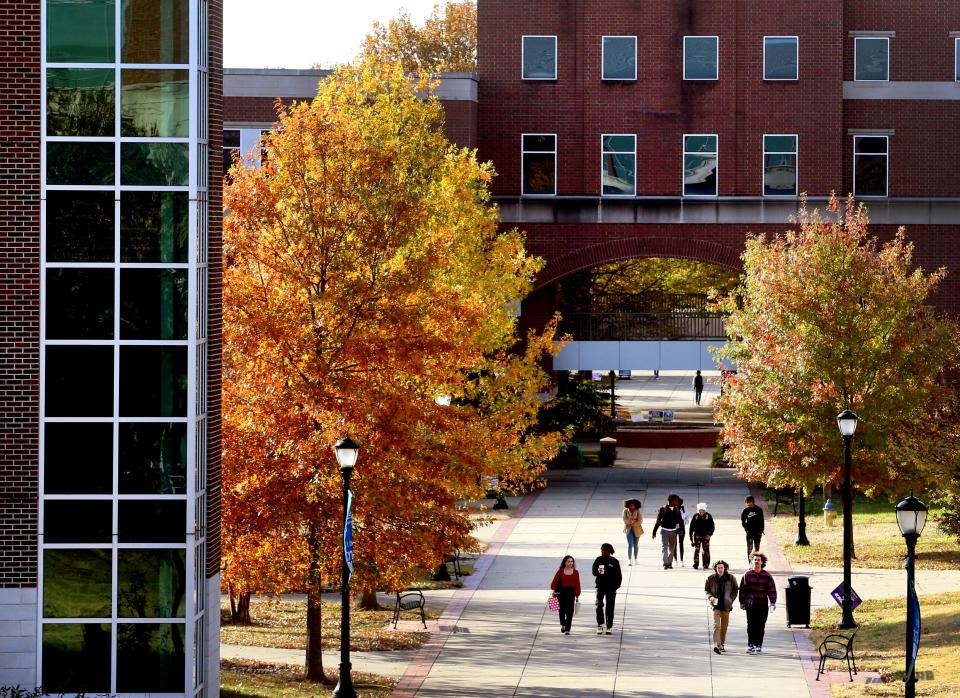 Students walk toward the student union at Middle Tennessee State University in Murfreesboro.