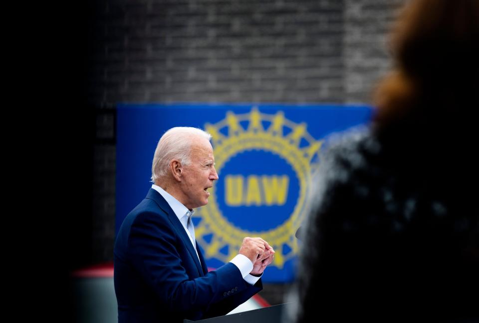 Democratic presidential candidate Joe Biden speaks at the United Auto Workers headquarters in Warren, Michigan, on Wednesday. (Photo: JIM WATSON via Getty Images)