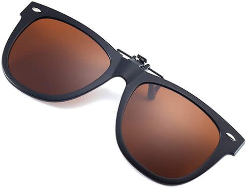 Black clip-on flip sunglasses with brown lenses