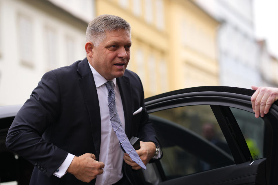 Slovakia's Prime Minister Robert Fico arrives for the V4 meeting in Prague, Czech Republic, Tuesday, Feb. 27, 2024. (AP Photo/Petr David Josek)