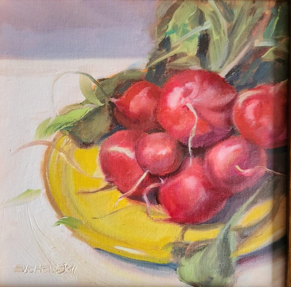 “Rosey Radishes,” a painting by Marlene Zychowski, will be in the Small Works Exhibit