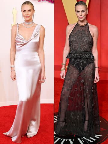 <p> John Shearer/WireImage; Doug Peters/PA Images via Getty Images</p> Charlize Theron at the 2024 Oscars (left) and the 2024 'Vanity Fair' Oscar Party.