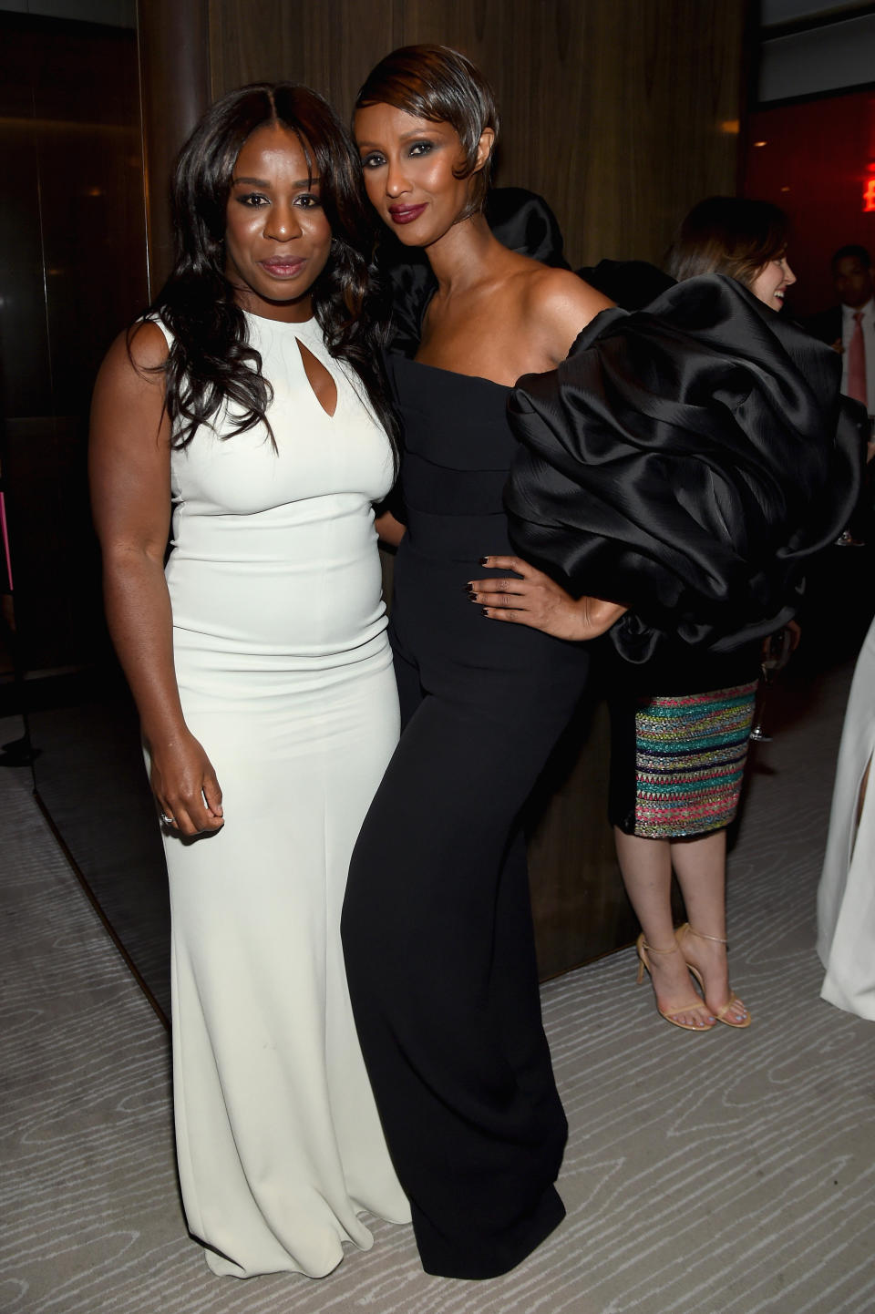 NEW YORK, NY - NOVEMBER 09:  Actress Uzo Aduba (L) and model Iman attend the 2015 Glamour Women of The Year Awards dinner hosted by Cindi Leive at The Rainbow Room on November 9, 2015 in New York City.  (Photo by Jamie McCarthy/Getty Images for Glamour)