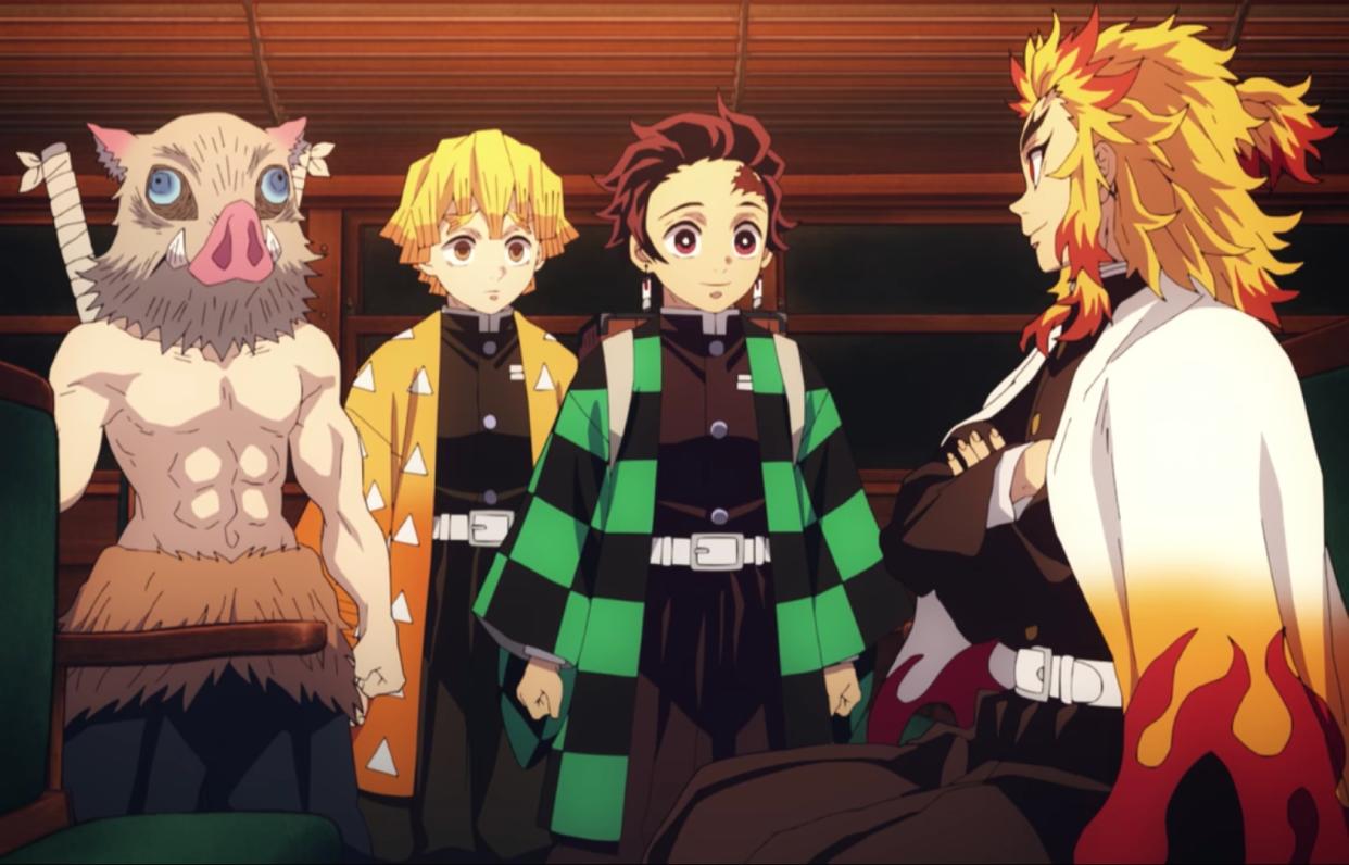 Kimetsu No Yaiba (Demon Slayer) characters Inosuke, Zenitsu, Tanjiro, and the Flame Pillar Kyojuro Rengoku. (Netflix screenshot)