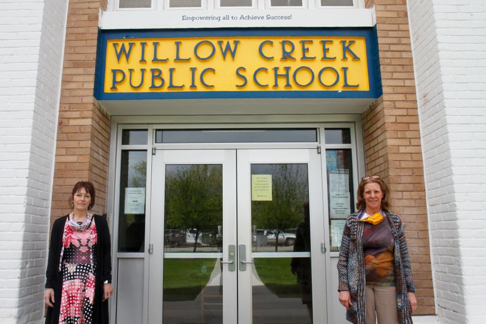 Willow Creek School Superintendent Bonnie Lower, left, and 5th and 6th grade teacher Diane Gilbreaith agreed that visual cues have been an important part in reminding students to maintain social distancing. Willow Creek School is one of just a handful of schools in Montana that decided to fully reopen on May 7, 2020 after schools across the state were shuttered on March 15, 2020 due to the COVID-19 pandemic.