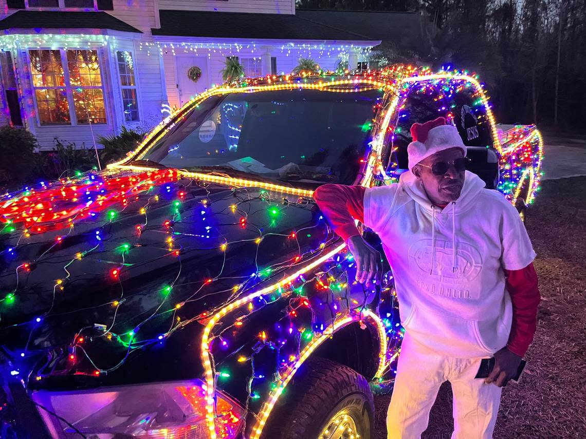 Bam Robinson’s “sleigh” has 5,000 lights. He uses it to deliver Christmas gifts, ride in parades brighten up people’s mood during the holidays.