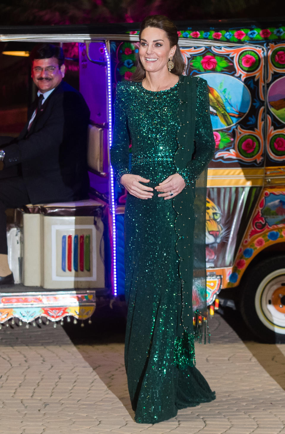 ISLAMABAD, PAKISTAN - OCTOBER 15: Catherine, Duchess of Cambridge and Prince William, Duke of Cambridge arrive by Tuk Tuk as they attend a special reception hosted by the British High Commissioner Thomas Drew, at the Pakistan National Monument, during day two of their royal tour of Pakistan on October 15, 2019 in Islamabad, Pakistan. (Photo by Samir Hussein/WireImage)