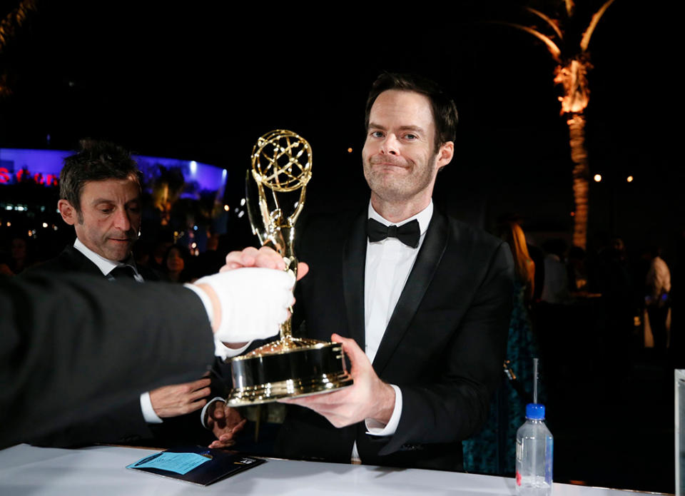 <p>Emmy winner Bill Hader (<em>Barry</em>) showed off his award at the Governors Ball. (Photo: Danny Moloshok/Invision/AP/REX/Shutterstock) </p>