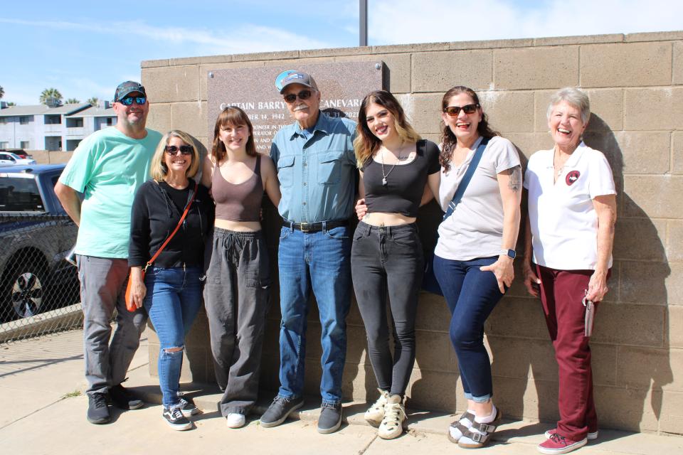 The Canevaro Family, including Tucker, Debbie and Laney Johnston. Ashlee Weller, Susie Weller, and Diana Canevaro, stands next to the plaque dedicated to Captain Barry Canevaro during the Rio Vista Bass Derby and Festival on October 14.