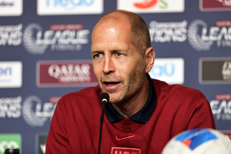 ARLINGTON, TEXAS - MARCH 20: Head coach of United States Gregg Berhalter speaks during a press conference ahead of a Concacaf Nations Leagues Finals against Jamaica at AT&T Stadium on March 20, 2024 in Arlington, Texas. (Photo by Omar Vega/Getty Images)