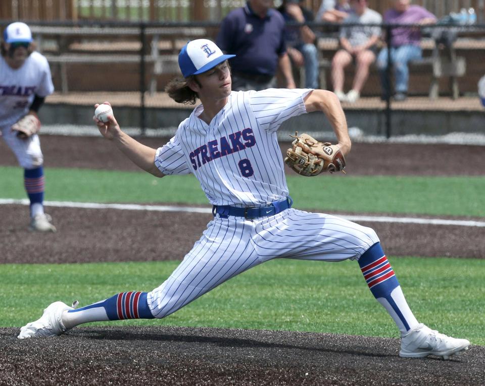 Connor Campbell of Lake delivers a pitch during their DI district semifinal against Boardman at Thurman Munson Memorial Stadium on Tuesday, May 24 2022.