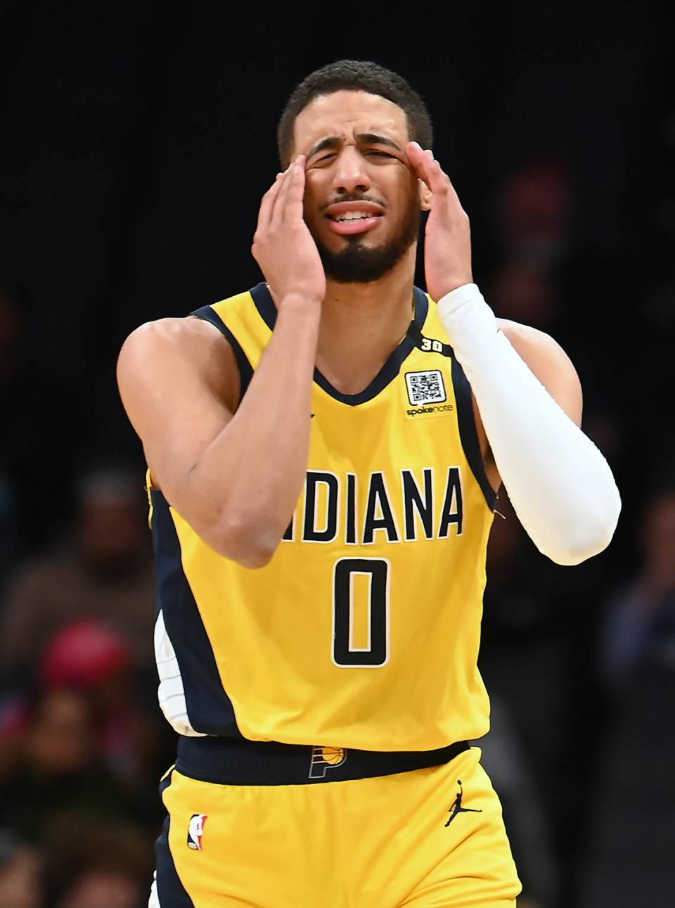 Indiana Pacers guard Tyrese Haliburton reacts to a call against the team during first half action against the Charlotte Hornets at Spectrum Center in Charlotte, NC on Monday, February 12, 2024.