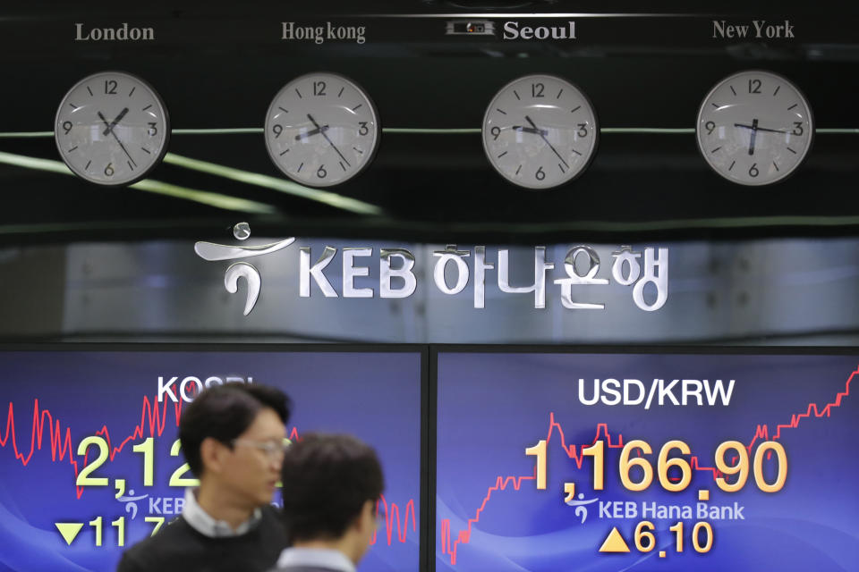 Currency traders talk near the screens showing the Korea Composite Stock Price Index (KOSPI), left, and the foreign exchange rate between U.S. dollar and South Korean won at the foreign exchange dealing room in Seoul, South Korea, Wednesday, Nov. 13, 2019. Asian stocks sank Wednesday after U.S. President Donald Trump threatened more tariff hikes on Chinese imports if talks aimed at ending a trade war fail to produce an interim agreement. (AP Photo/Lee Jin-man)