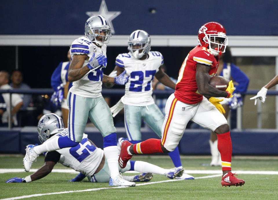 Kansas City Chiefs wide receiver Tyreek Hill showed off his speed on a great touchdown against the Cowboys. (AP)