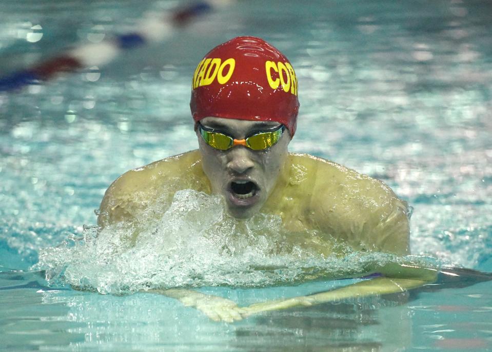 Coronado’s Tyler Jackson competes in the 200 yard IM during the Lubbock Invitational, Saturday, Dec. 9, 2023, at the Pete Ragus Aquatic Center. Jackson finished with 01:56.82.