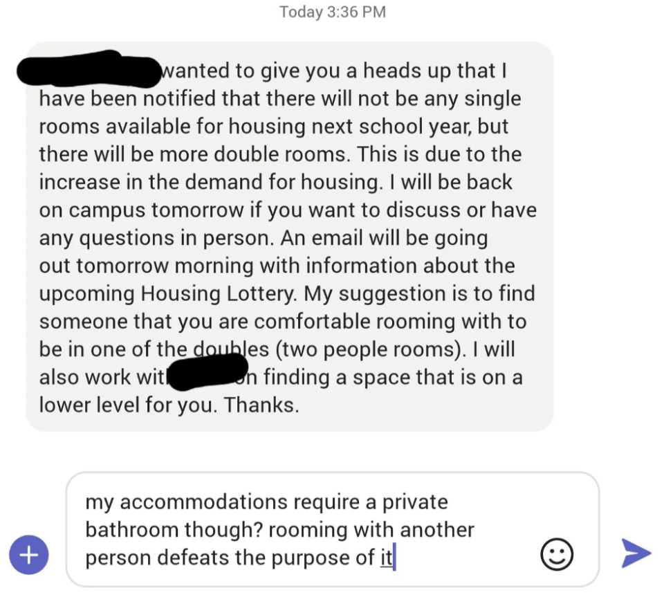 school message saying no single rooms are available and the person should try to room with someone they are comfortable sharing the bathroom with