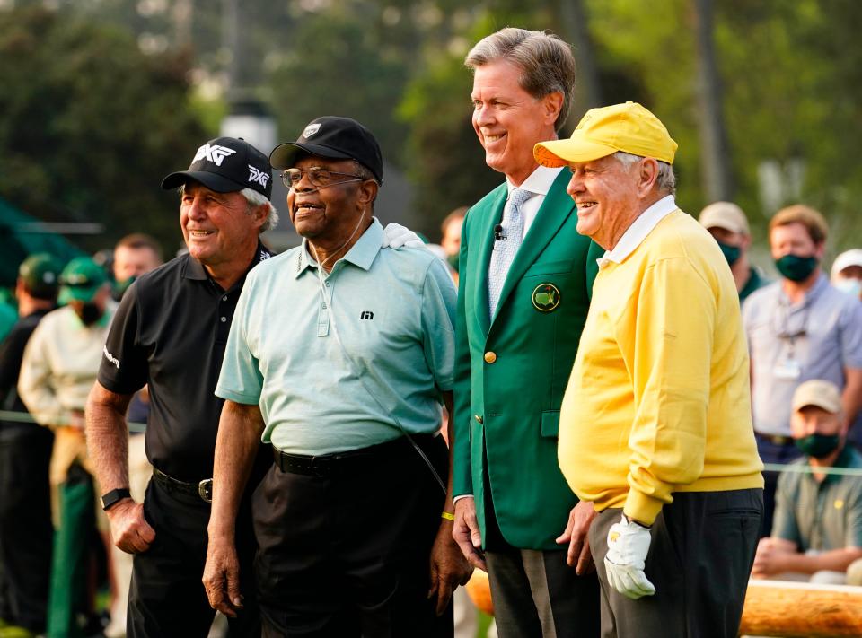 Apr 8, 2021; Augusta, Georgia, USA; Honorary starters from left Gary Player , Lee Elder and Jack Nicklaus pose with Augusta National Golf Club chairman Fred Ridley during the first round of The Masters golf tournament.